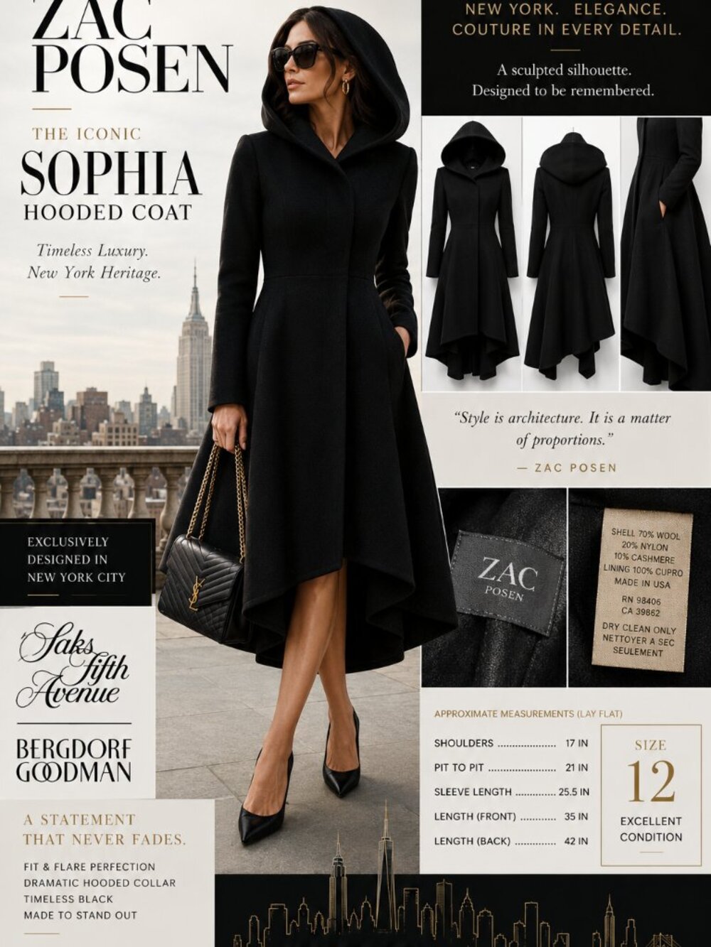 Zac Posen Sophia Hooded Coat Black Size 12 Fit & Flare Designer Wool Luxury